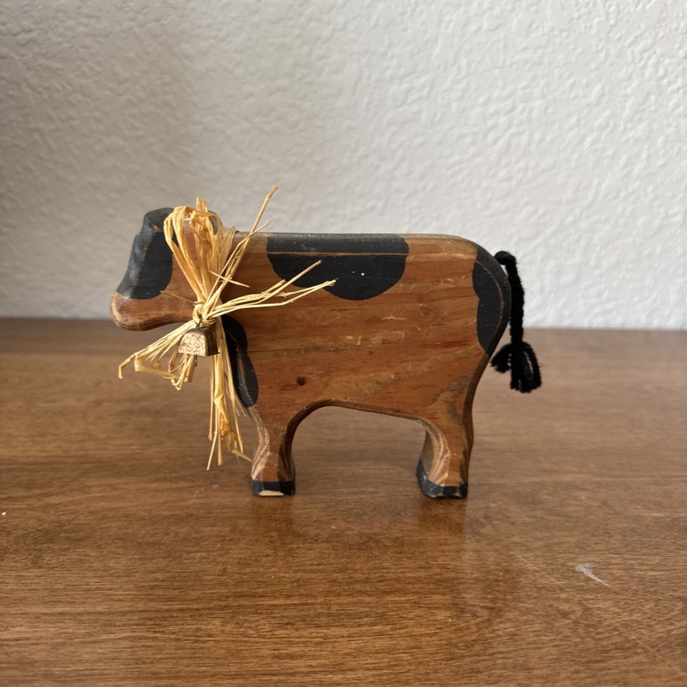Vintage Wooden Cow With Straw Bell Folk Art
